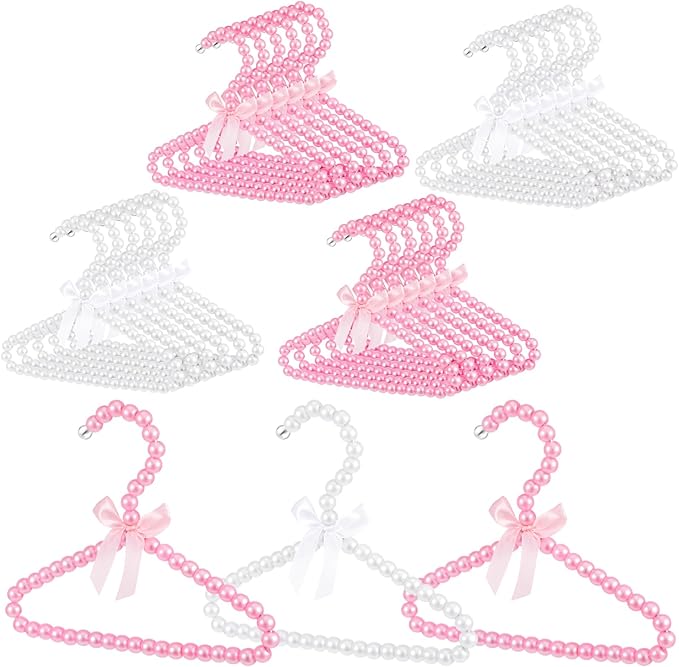 Wesiti 25 Pcs Small Pearl Hanger Mini Pearl Metal Elegant Clothes Hangers with Ribbon for Women Dog Cat (Pink,White)