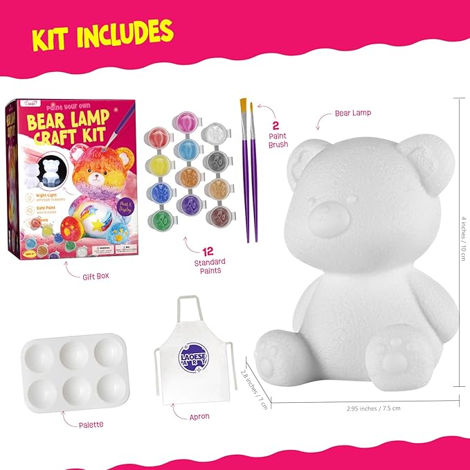 Paint Your Own Bear Lamp Kit, Art Supplies Arts & Crafts Kit, Painting kit for Kids 6-12, Arts and Crafts for Kids Ages 8-12, Toys Girls Boy Birthday Gift Ages 6 7 8 9 10 11 12+