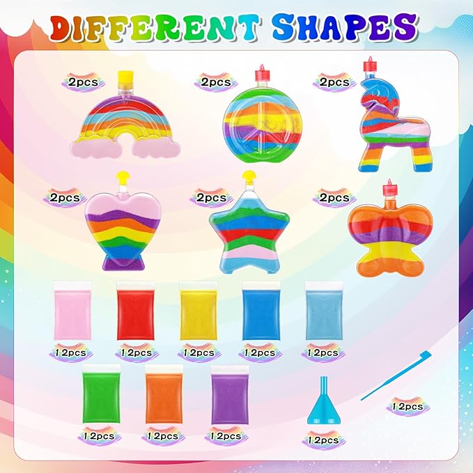 Vertintong 24 Sets Kids Sand Art Activity Kit for Birthday Party Favors Create Your Own Colored Sand Art Includes Sand Bottles with Funnels and Sticks, Bags of Sand for DIY Craft 1960s Party Favors