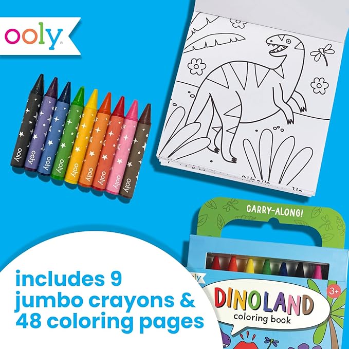 Ooly Travel Art Kit with 9 Jumbo Crayons & 48 Themed Coloring Pages & Case for Easy Traveling Art Creation, Perfect Airplane Travel Set to Entertain Kids - Dinoland
