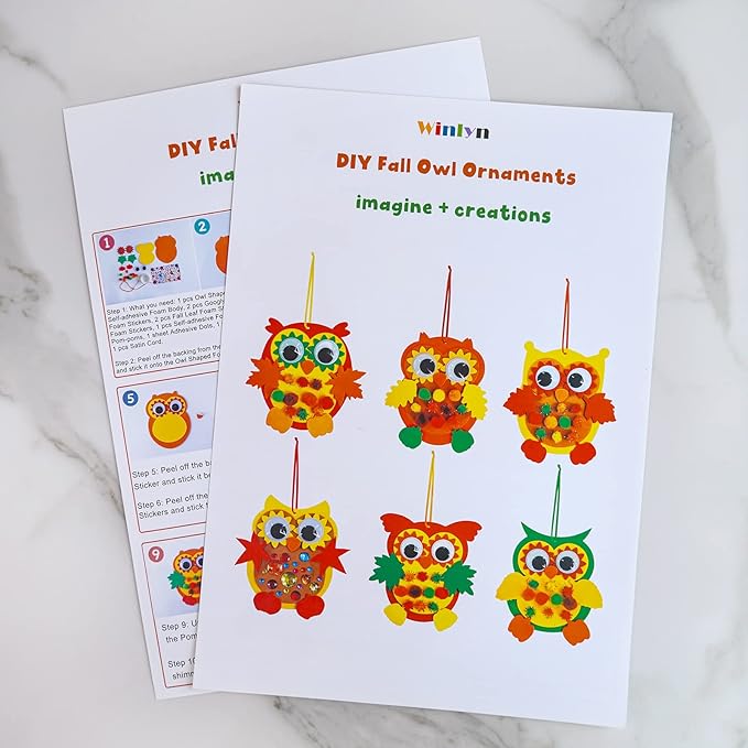 Winlyn 24 Sets Foam Owl Decorations DIY Owl Fall Craft Kit Assorted Foam Owl Shapes with Autumn Leaves Pumpkins Googly Eyes Pom-Poms for Kids Gift Halloween Thanksgiving Holiday Classroom Art Activity