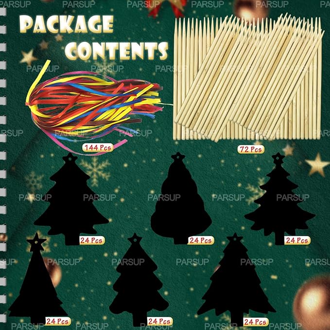 PARSUP 144Pcs Christmas Tree Scratch Paper Rainbow Color Scratch Ornaments Christmas Decorations Hanging Craft Art Kits with Wooden Stick and Ribbon for Kids Christmas Winter Party Favors
