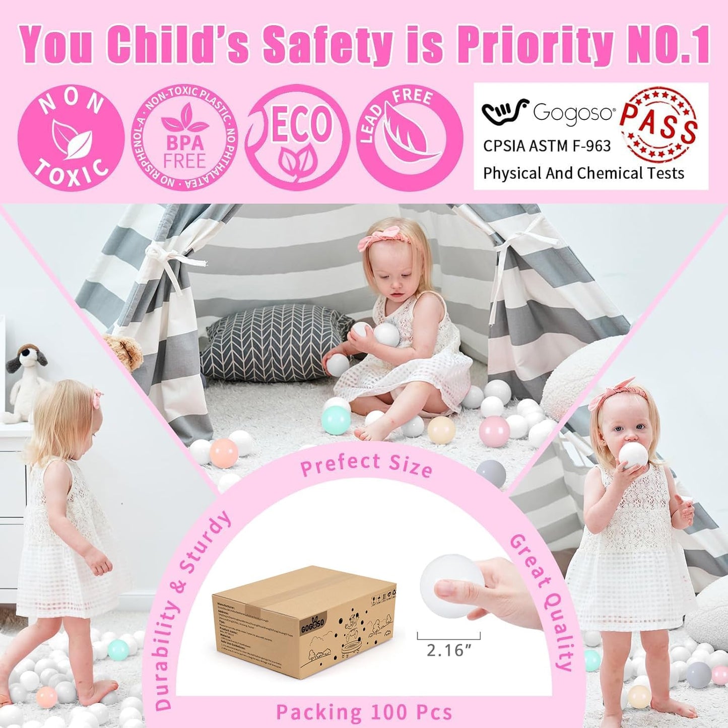 GOGOSO Ball Pits Balls for Toddlers Pack of 50 100 200 Plastics Shape Ball Non-Phthalate Non-BPA Non-Toxic 2.2-Inch Crush Proof Play Balls