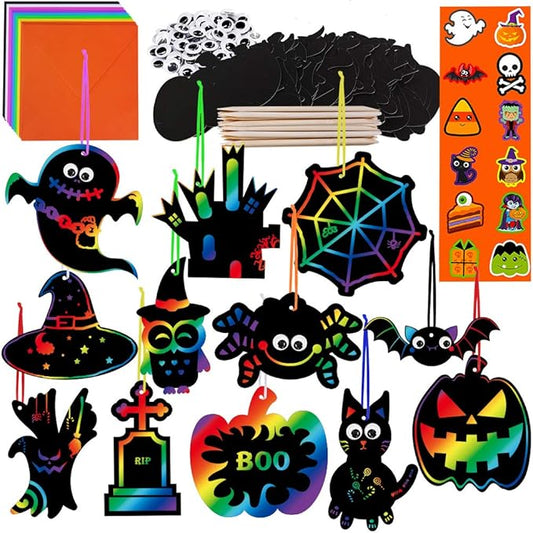 Winlyn 72 Sets Magic Color Art Rainbow Scratch Halloween Hanging Ornaments Bookmarks Craft Kit Assorted Paper Halloween Cutouts Googly Eyes for Kids Classroom Activity Party Favor Holiday Decor