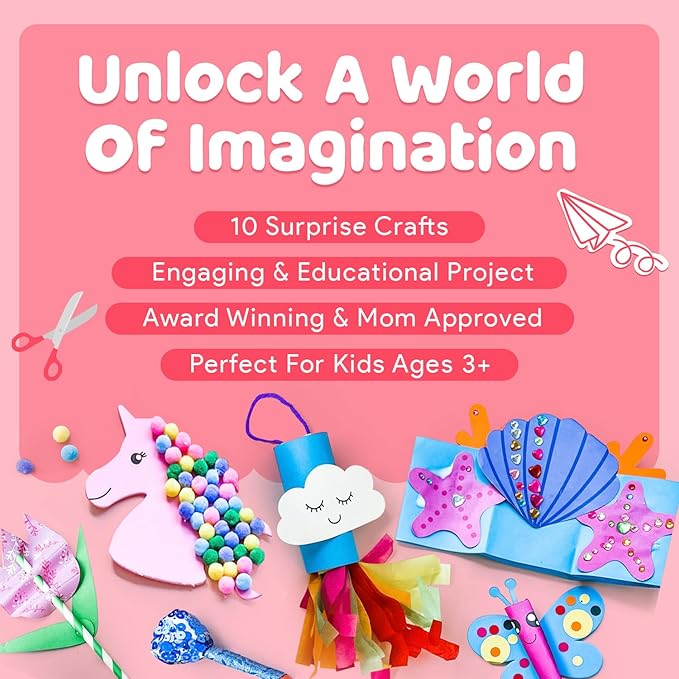 Unicorn Craft Box - 10 Fun Arts and Crafts for Kids Ages 4-8, No Mess, Educational, Mermaid Art Projects, Toddler Crafts & Activities Kit with Supplies, Gift for Girls 3 4 5 6 7 8 Years Old