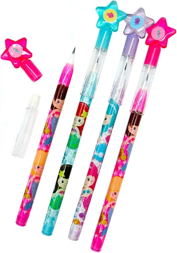 TINYMILLS 24 Pcs Mermaids Multi Point Stackable Push Pencil Assortment with Eraser for Shark Birthday Party Favor Prize Carnival Goodie Bag Stuffers Classroom Rewards Pinata Fillers