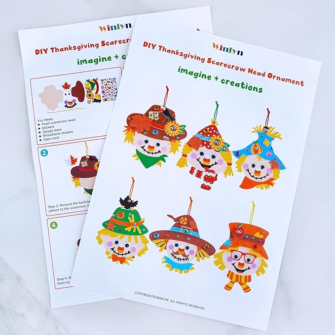 Winlyn 24 Sets Fall Craft Kits Autumn Scarecrow Crafts Fall Scarecrow Head Craft Kits Maple Leaves Pumpkins Harvest Foam Stickers Arts and Crafts for Kids Classroom Activities Holiday Party Favors