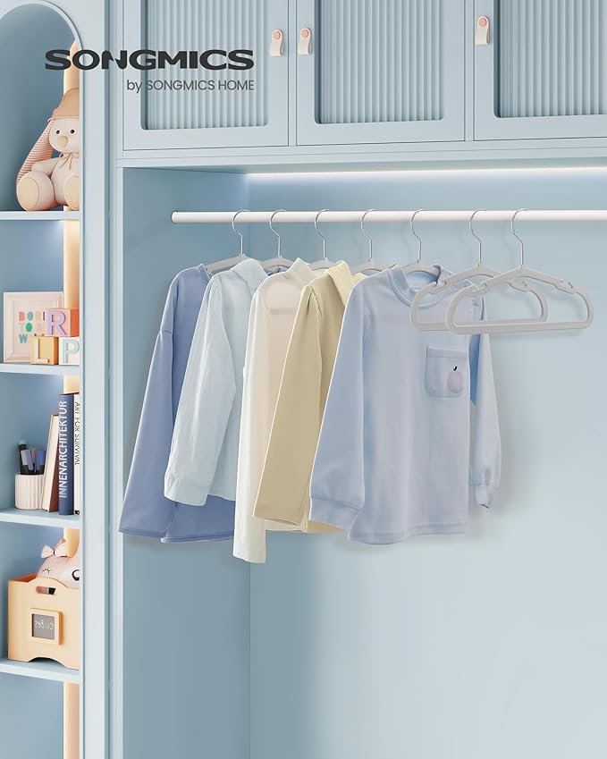 SONGMICS Baby Hangers 50 Pack, 11 x 6.9 Inches, Kids Hangers for Closet, Non-Slip Velvet Hangers, Childrens Hangers, Space-Saving Clothes Hangers, Wide Shoulder Notches, Dove Gray UCRF037G01