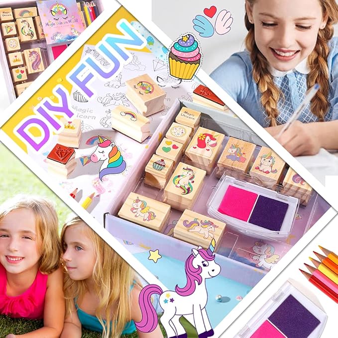 Unicorn Wooden Stamp and Sticker Set for Girls, Stampers, Inkpad, Coloring Pencil, Sticker Included, Arts & Crafts Set for Girls Boys Kids Ages 4 5 6 7 8 9 10 Years Old