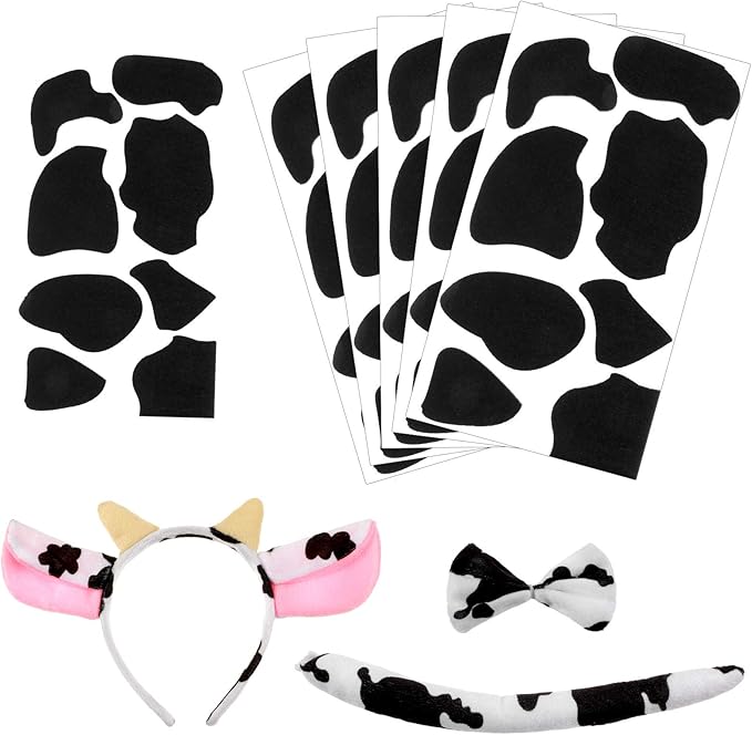 WILLBOND 5 Sheets Cow Felt Pads Adhesive Felt Circles with 1 Set Halloween Cow Ear Headband, Bow Tie and Cow Tail for Halloween DIY Costume, Over 6 Years