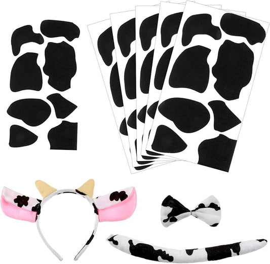 WILLBOND 5 Sheets Cow Felt Pads Adhesive Felt Circles with 1 Set Halloween Cow Ear Headband, Bow Tie and Cow Tail for Halloween DIY Costume, Over 6 Years
