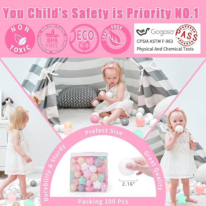 GOGOSO Ball Pit Balls,Plastics Balls for Ball Pit, Stars Hearts Shape for PastelBall for Toddlers Kids