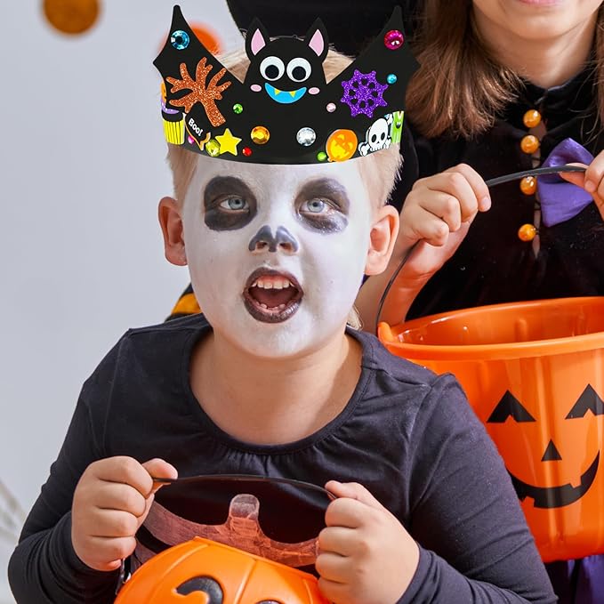Winlyn 24 Sets Halloween Headbands Craft Kits DIY Crown Art Sets Spider Bat Jack-o'-Lantern Witch Hat with Halloween Foam Stickers Crafts for Kids Classroom Activities Halloween Party Trick-or-Treat