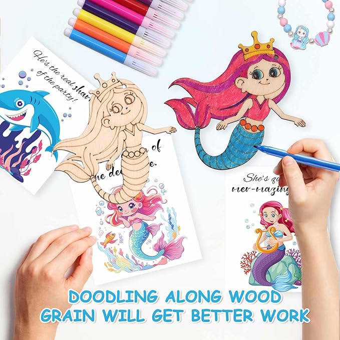 SOSAZOZA 12 Pack Mermaid Party Favors, Wooden Ornaments for Crafts, Chrismas Gifts Set, Mermaid Party Supplies, Mermaid Birthday Party Favors, Includes Mermaid Bracelet, Colored Pen, Card, Rope
