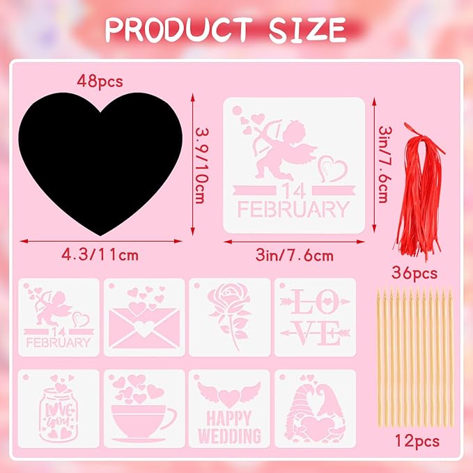 JULMELON Valentines Crafts for Kids, 48 PCS Heart Rainbow Scratch Art Valentines Day Cards for Kids Classroom Scratch Paper Art for Valentines Day Gifts Party Favors with 8 Pcs Valentines Day Stencils