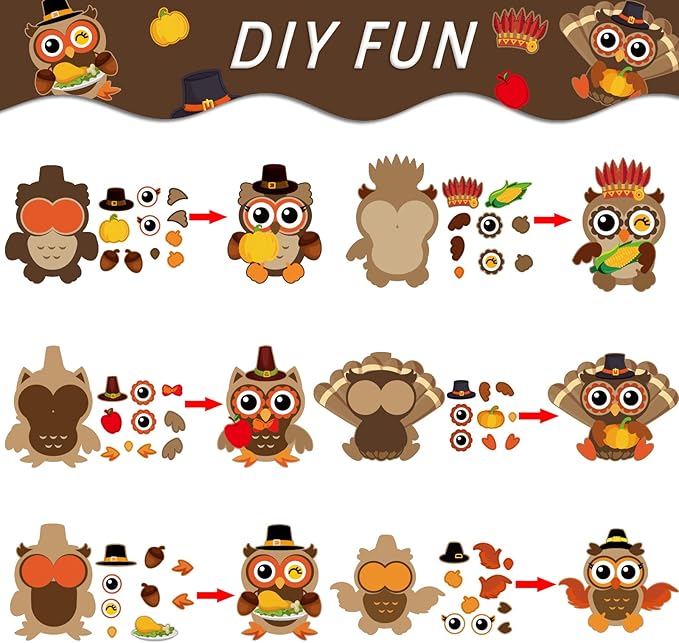 chiazllta 30Pcs Thanksgiving Craft Kits DIY Owl Craft for Kindergarten Kids, Thanksgiving Fall Art Craft Make Your Own Card Sticker Set for Home Class Game Activities Preschoolers