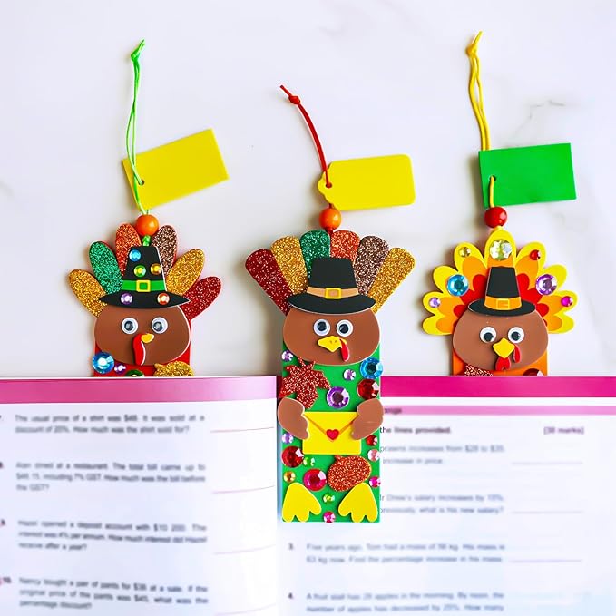 Winlyn 24 Sets Thanksgiving Turkey Craft Kits Fall Kids Crafts DIY Thanksgiving Turkey Bookmarks Art Sets Autumn Leaf Turkey Foam Stickers Arts and Crafts for Kids Party Favors Classroom Activities