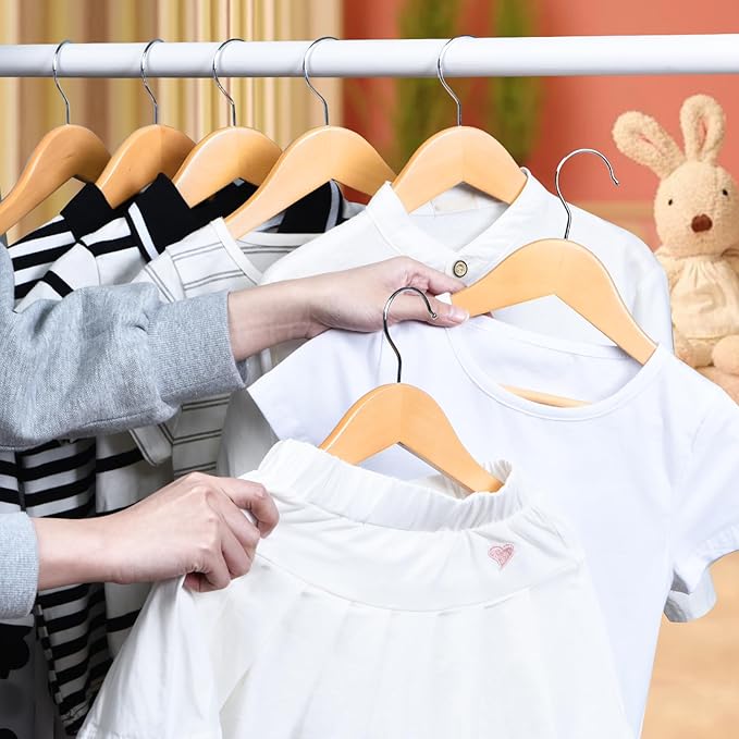 FairyHaus Kids Hangers 20 Pack 12.8 Inch, Natural Wooden Baby Hangers for Closet, Anti-Rust 360° Swivel Hook, Notches & Smooth Finish, Durable and Strong Childrens Hangers for Clothes