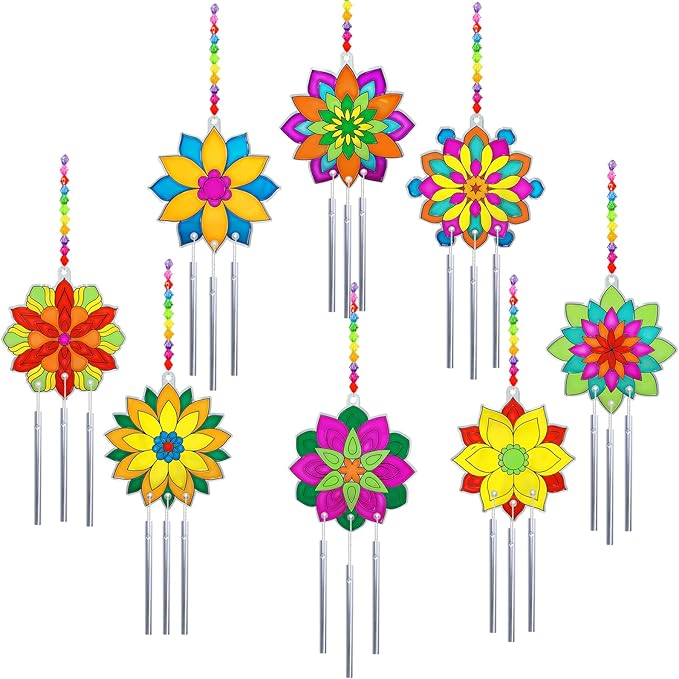 Winlyn 24 Sets Lotus Flower Suncatcher Wind Chimes Decorations DIY Window Paint Art Stickers Craft Kits Flower Sun Catchers for Kids Classroom Birthday Spring Summer Party Activities Art Project