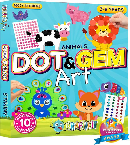 Craftikit® 10 Dot Art & Gem Art Animal Crafts for Kids Ages 3-8 - Kids Gem Painting & Dot It Sticker Art - Arts and Crafts for Kids Ages 4-8