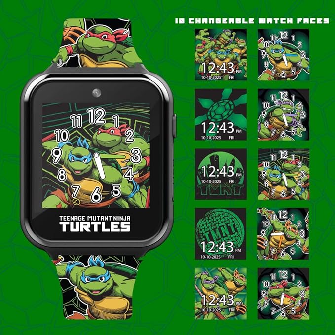 Accutime Teenage Mutant Ninja Turtles Kids Smart Watch with Touchscreen, 10 Customizable Faces, Camera, Step Counter, Calculator, Timer, and Alarm – Fun Interactive Learning for Boys and Girls