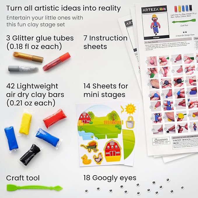 Arteza Kids Air Dry Clay, 42 Bars, Dream Career Modeling Clay Kit, 14 Mini-Stages, 14 Googly Eyes, 3 Glitter Glues, 1 Craft Tool, 7 Instruction Sheets, Craft Supplies for Learning and Developing