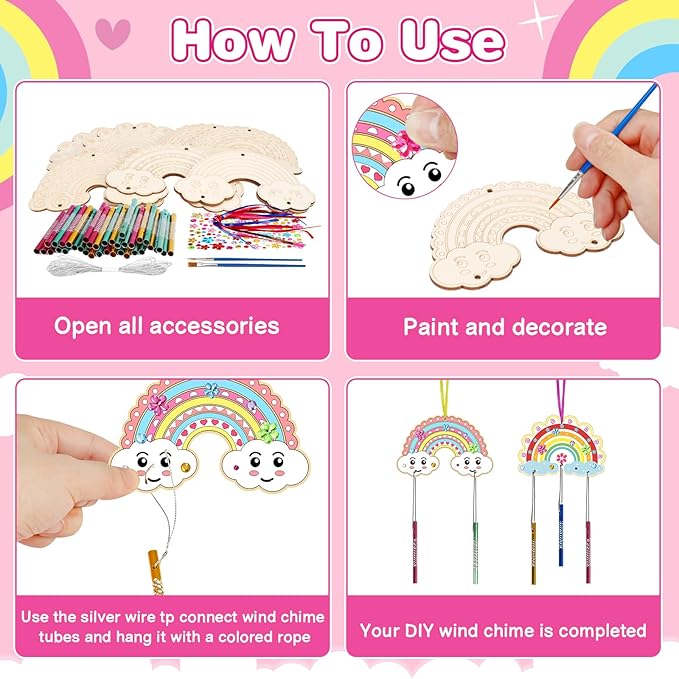Fennoral 10 Rainbow Wind Chime Craft Kits for Kids Make Your Own Wind Chime Ornament DIY Coloring Wooden Art and Craft for Classroom Art Projects Spring Summer Birthday Decorations