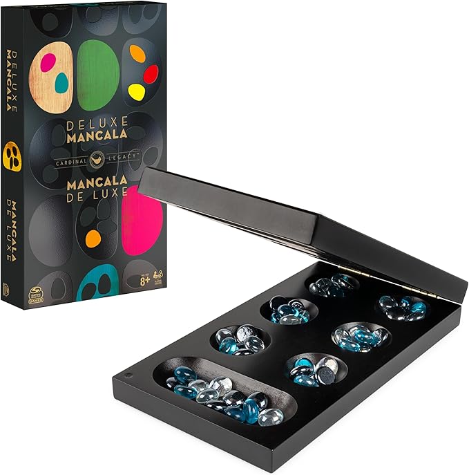 Spin Master Games, Legacy Deluxe Mancala, Classic Game with Folding Wooden Board & Colorful Glass Stones, Family Game, Easter Basket Stuffers, for Ages 8 & Up