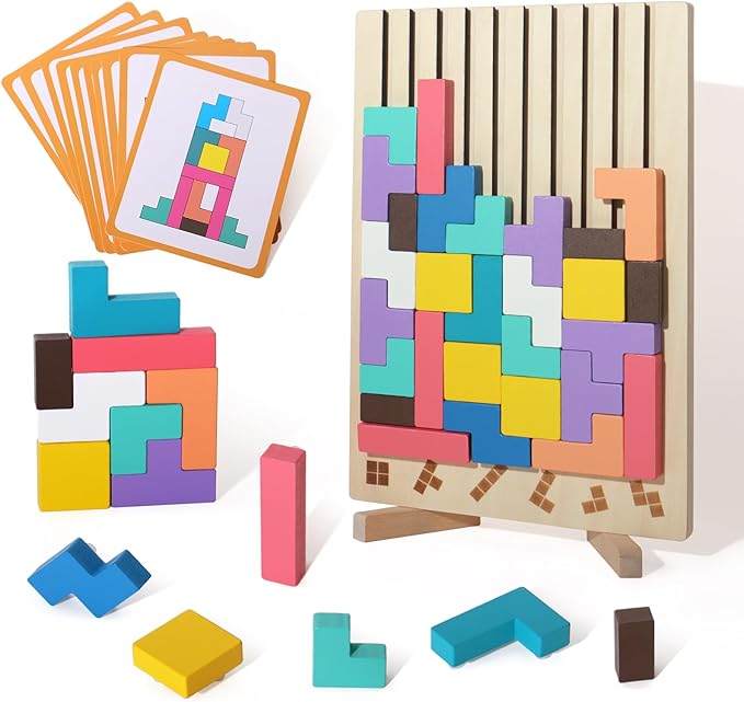 Wooden Blocks Puzzle Brain Teasers Toy Tangram Jigsaw Puzzle Intelligence Colorful 3D Russian Blocks STEM Montessori Educational Gift for Boys and Girls,Board Game Educational Toys for Toddlers