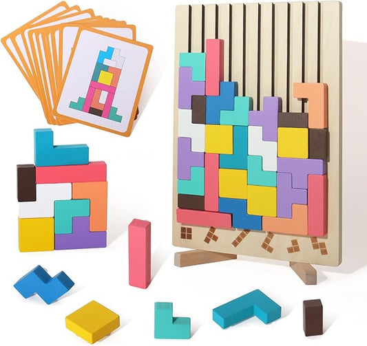 Wooden Blocks Puzzle Brain Teasers Toy Tangram Jigsaw Puzzle Intelligence Colorful 3D Russian Blocks STEM Montessori Educational Gift for Boys and Girls,Board Game Educational Toys for Toddlers