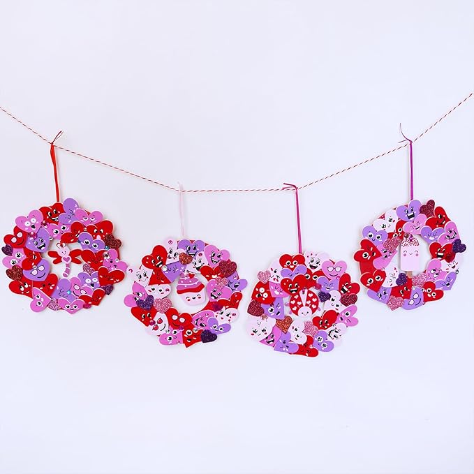 Winlyn 12 Sets Valentine's Day Craft Kits Heart Crafts DIY Heart Wreath Ornaments Decorations Art Sets Foam Smile Heart Stickers for Kids Valentine's Day Party Classroom Activities Gift Exchange