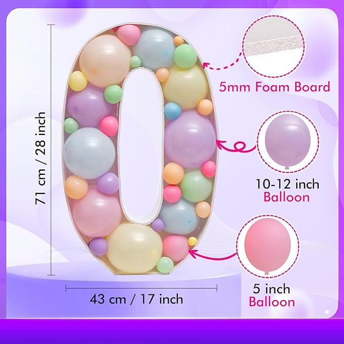 Mosaic Balloons Number Frame Marquee Light Up Number 0 Pre-Cut Large Foam Board Sign Cut-out for Boy Girl Birthday Backdrop Anniversary Decoration