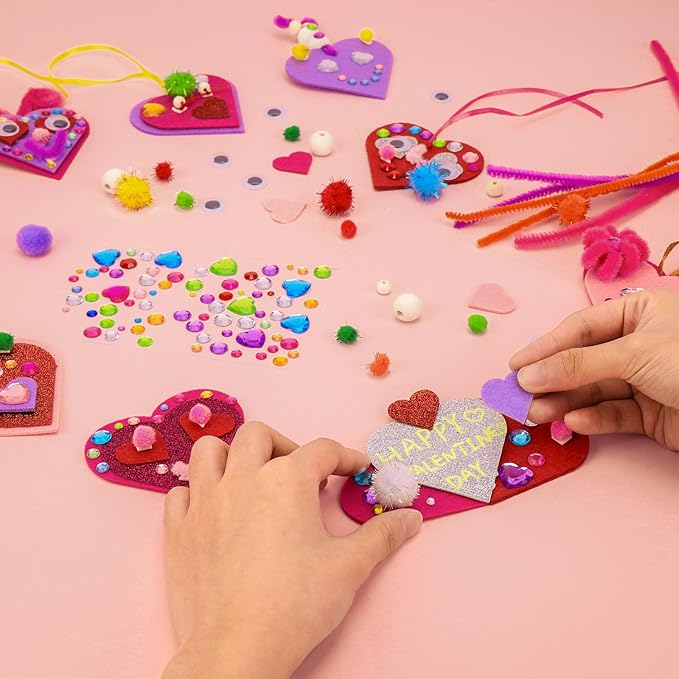 Valentines Day Crafts for Kids, 361PCS Valentines Heart DIY Crafts Felt for Class Game Activities, 108 Felt Hearts, 36 Wooden Beads, 60 Pom Poms, 50 Googly Eyes, Valentines Party Favor Crafts