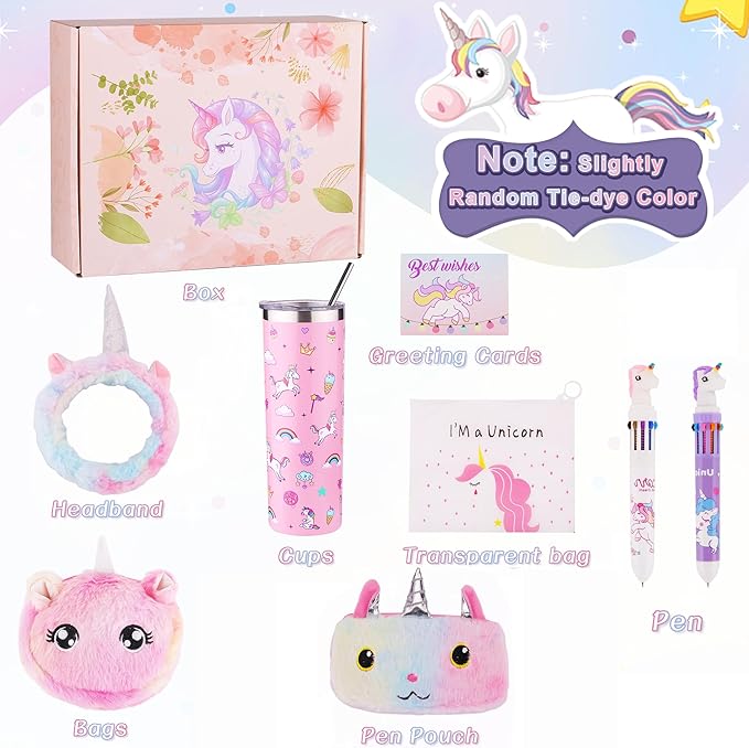 Christmas Unicorn Gifts Set for Girls Kids Toys Birthday Gift Box for Teen Girl, Easter Gifts for Kids Gift Age 6-8 Basket with Stainless Steel Tumbler/Crossbody Bag/Unicorn Headband