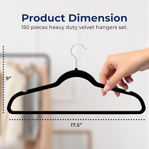SereneLife Non-Slip Velvet Hangers, Mega Pack, 150 Pieces Hangers for Clothes, Heavy Duty Cloth Hanger Set with 360 Degree Swivel Hook, Black