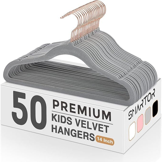 Smartor Kids Velvet Hangers 50 Pack, 14'' Inch Premium Non Slip Kids Felt Hangers for Closet, Space Saving Toddler Clothes Hanger for Youth's Childrens' Clothes (Rose Gold Hook)- Grey