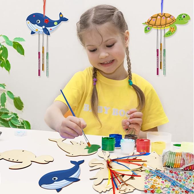 Fennoral 9 Pack Wind Chime Kit for Kids Make Your Own Ocean Animals Wind Chime Wooden Arts and Crafts for Girls Boys Ornaments DIY Coloring Sea Animals Craft for Art Activity Summer Party Decoration