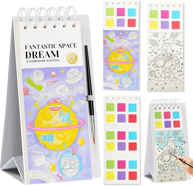Watercolor Painting Book for Kids Ages 3-5, Water Painting Easel Book Comes with Brush,Toddler Painting Activities Ages 2-4, Art Craft Gift for Drawing (Space)