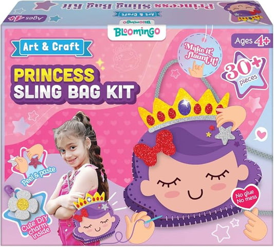 Bloomingo Art & Craft Kit - Princess Sling Bag: Fun Mess Free Arts & Craft Kit for Kids; Design Your Own Magical DIY Craft Bag; Birthday Gift for Girls & Boys Multicolor