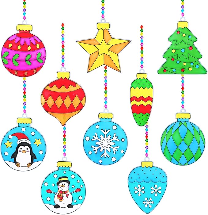 Winlyn 30 Sets Christmas Bauble Suncatcher Ornaments DIY Window Paint Art Suncatchers Craft Kits Winter Christmas Ball Sun Catchers for Kids Holiday Classroom Party Decorations Art Project