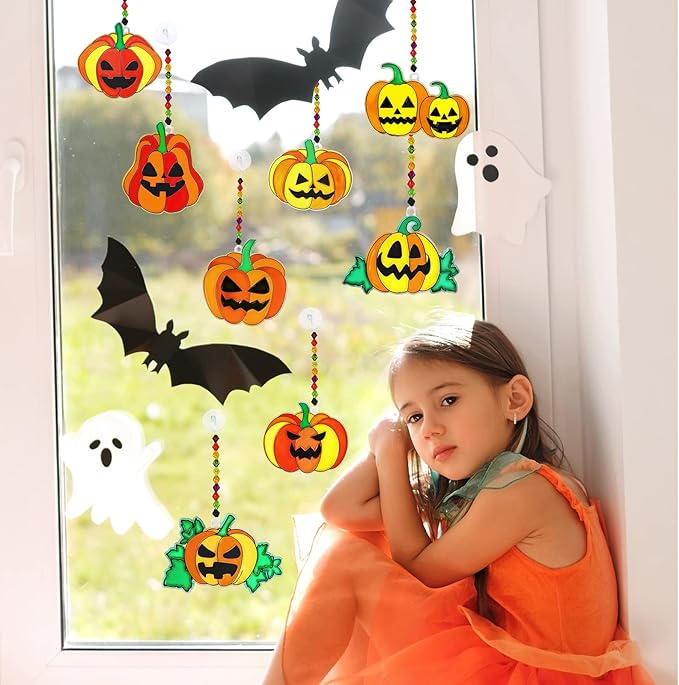 Winlyn 27 Sets Halloween Pumpkin Suncatchers Ornaments Decorations DIY Window Paint Art Suncatchers Craft Kits Jack-O'-Lantern Sun Catchers for Kids Classroom Activities Fall Halloween Art Project