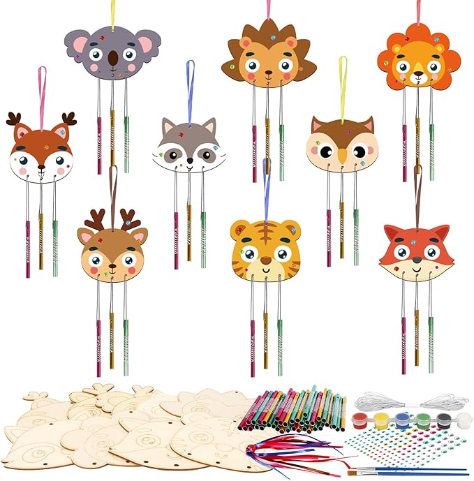Fennoral 9 Pack Fall Wind Chime Kit for Kids Make You Own Fall Animals Wind Chime DIY Coloring Fall Craft Wooden Hanging Ornaments Outdoor Activity Autumn Thanksgiving Party Decorations