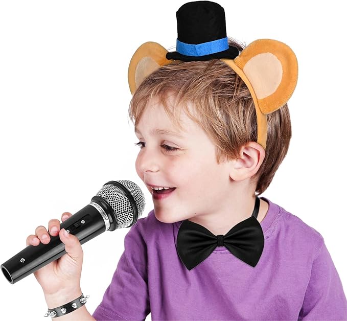 Kavoc 4 Pcs Rock Bear Ears Headband with Bow Tie Microphone Prop Wristband for Halloween Cosplay Dress up