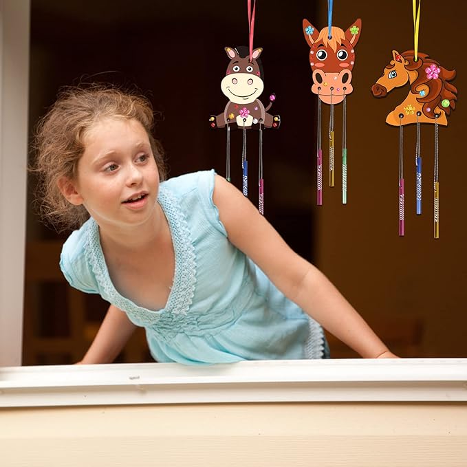 Fennoral 8 Pack Wind Chime Kit for Kids Make Your Own Horse Head Wind Chime Wooden Arts and Crafts for Girls Boys Ornaments DIY Coloring Horse Craft for Art Activity Birthday Party Supplies