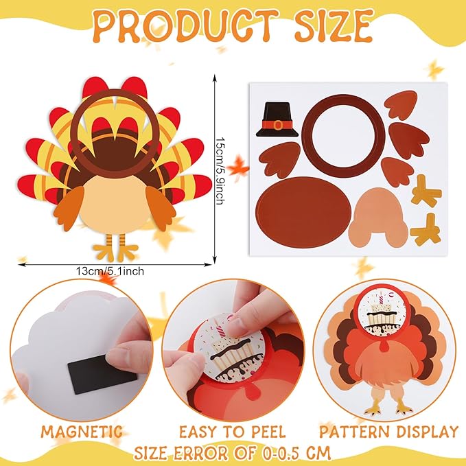 Wenqik 30 Sets Thanksgiving Turkey Picture Frame Craft Kit DIY Magnetic Thanksgiving Fall Photo Frame Craft Kits Turkey Craft for Children Toddlers Thanksgiving Fall Party Favor Home Classroom Crafts