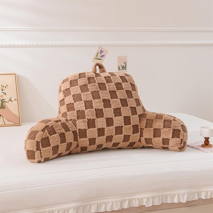 Aimuan Reading Pillow Checkered Bed Rest Wedge Backrest Checkerboard Pillow with Arms Back Support for Sitting Up in Bed Cushion Incline Rest Sleeping Snoring Pillow (Khaki,Large)