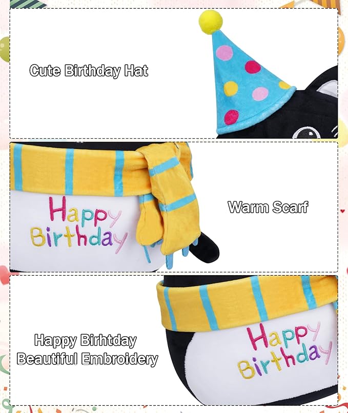 Stuffed Cat Birthday Plush Gift - Adorable Black Cat Stuffed Doll, Cute Birthday Hat and Scarf, Soft Huggable for Kids, Cute Decor, 8 Inch