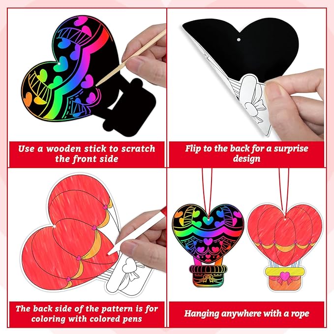 PARTYWIND 100 Pack Valentine's Day Scratch Paper Art for Kids, Magic Valentines Crafts for Classroom Exchange Games Activity, Valentines Decorations Ornaments for Party Supplies