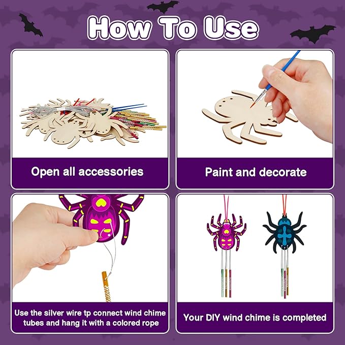 Fennoral 9 Pack Spider Wind Chime Kit for Kids Make You Own Spider Wind Chimes Wooden Arts and Crafts for Girls Boys DIY Coloring Halloween Hanging Ornaments Craft Activity Halloween Party Decorations