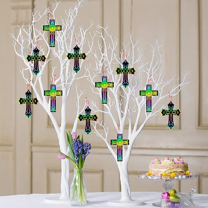 WATINC 60Pcs Scratch Cross Ornaments, Magic Art Color Craft Kit for Kids Scratch Party Favors, Scratch Paper Hanging Tags, Birthday Gifts for Kids, DIY Art Craft Kit for Boys Girls